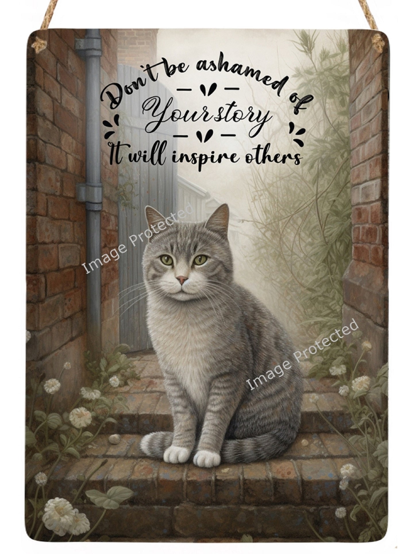 Handmade Tabby Cat Metal Sign: Inspirational Quote Art (20cm x 15cm)