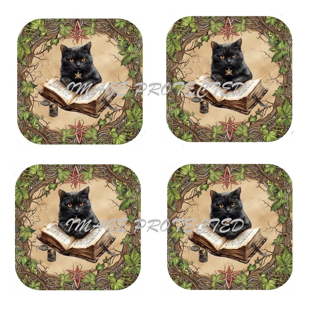 Set Of 4 - Witches Cat & Spell Book - Cork Backed Coasters