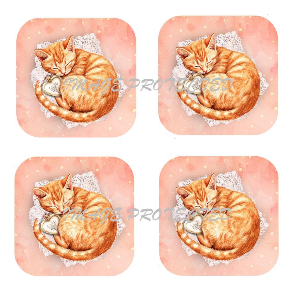 Ginger Cat Coasters: Handmade Cork Backed Coasters, Set of 4