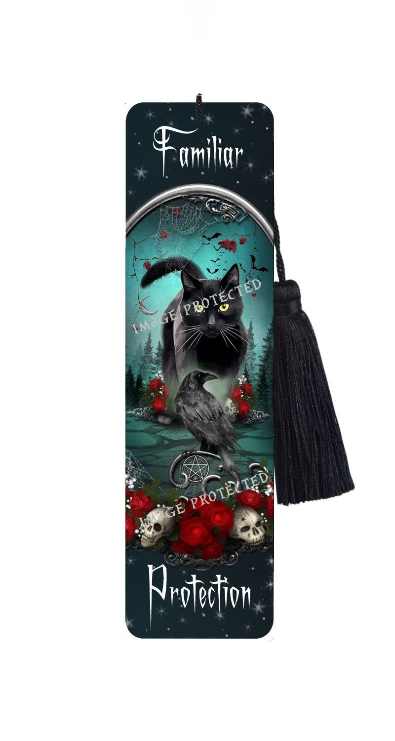 Large Metal Bookmark With Tassel - Familiar Protection - Black Cat, Raven & Skull Bookmark