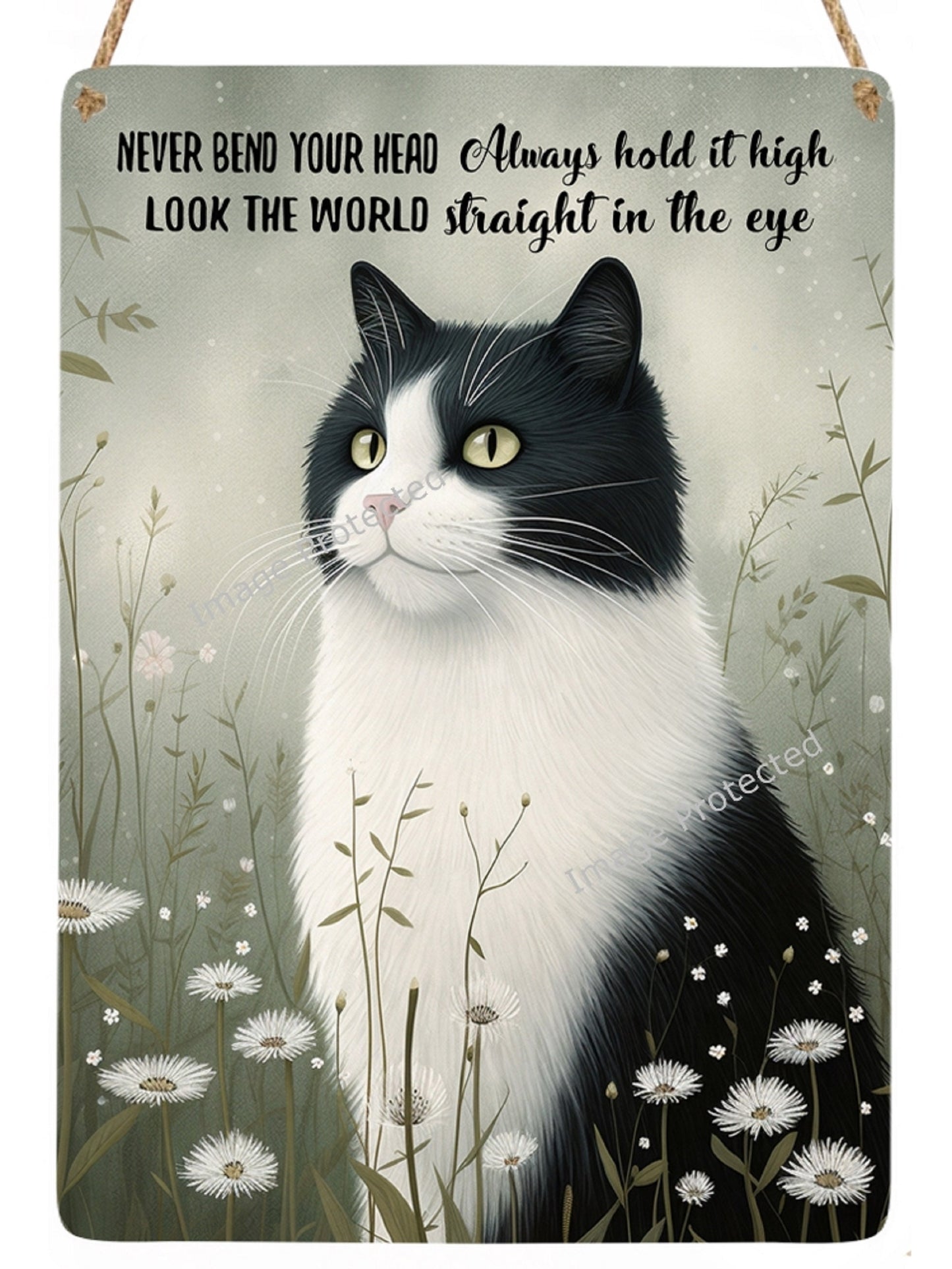 Tuxedo Cat Art: Motivational Metal Sign with Jute Rope