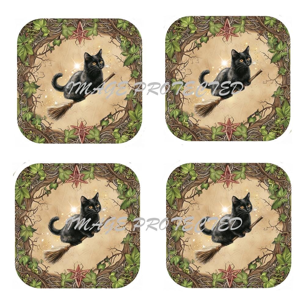 Set Of 4 - Witches Cat On A Broom Stick - Cork Backed Coasters