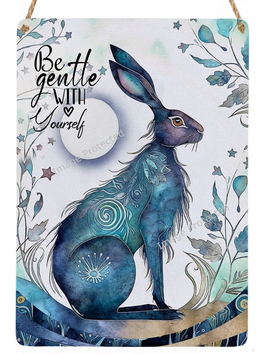 Hanging Metal Sign - Mystic Hare - Motivational Quote, Be Gentle With Yourself