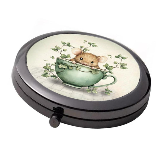 Ivy Mouse in Teacup Compact Mirror - Smoke Black Double Mirror