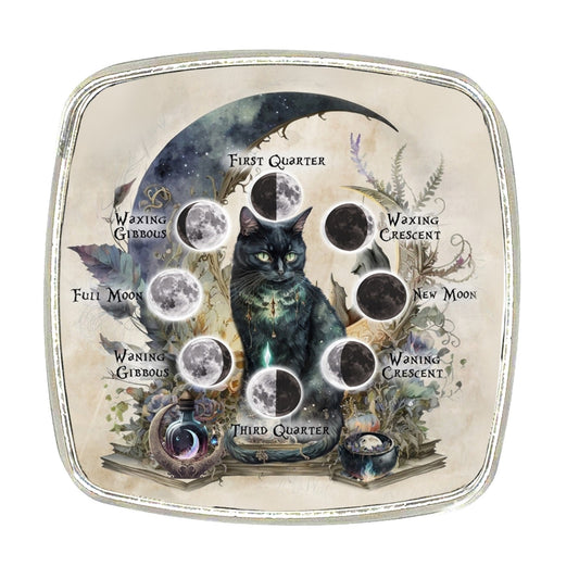 Black Cat Moon Phases Magnet - Chrome Finish (6cm)
