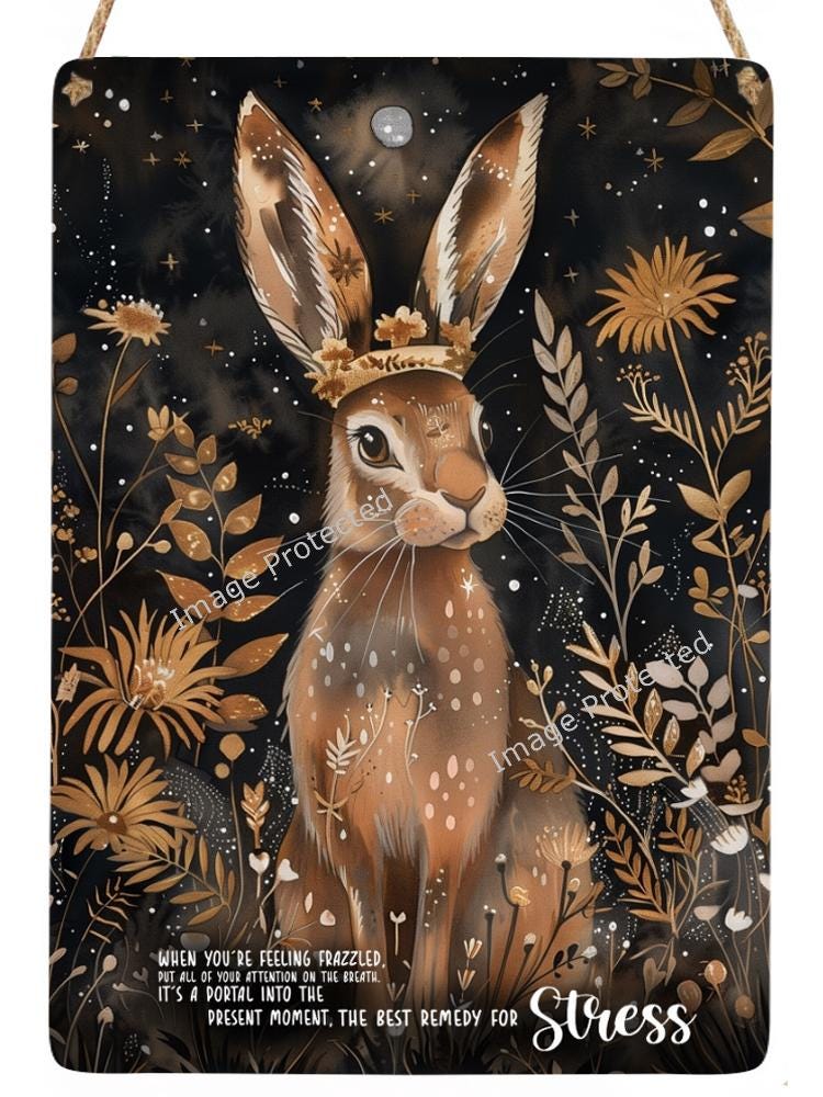 Hanging Metal Sign - Mystic Hare - Motivational Quote, Stress makes your feel...