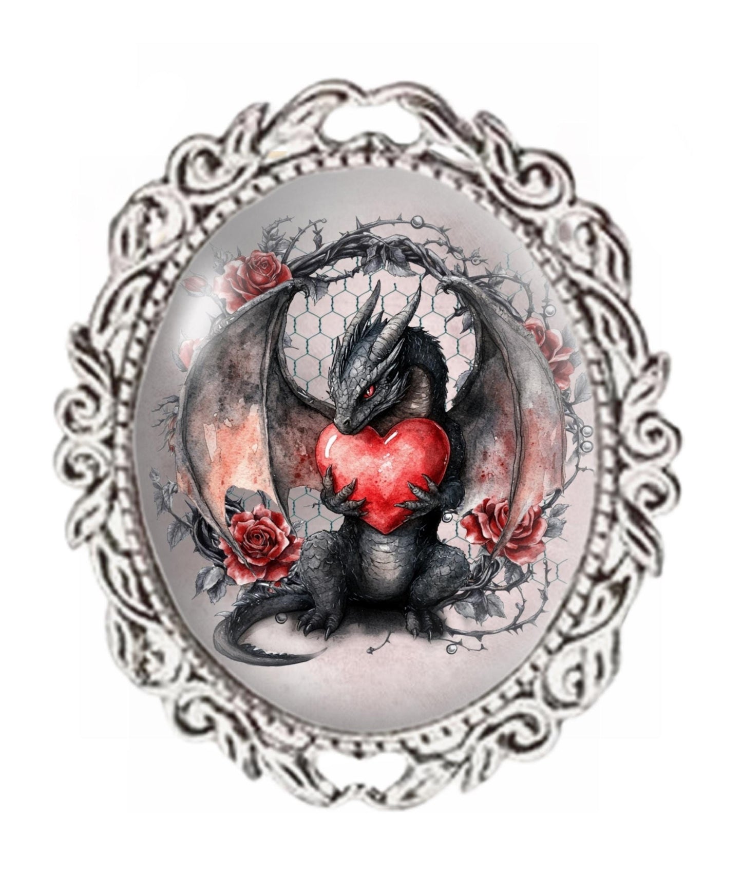 Silver Colour - Oval Glass Cabochon Brooch - Black Dragon & Red Heart