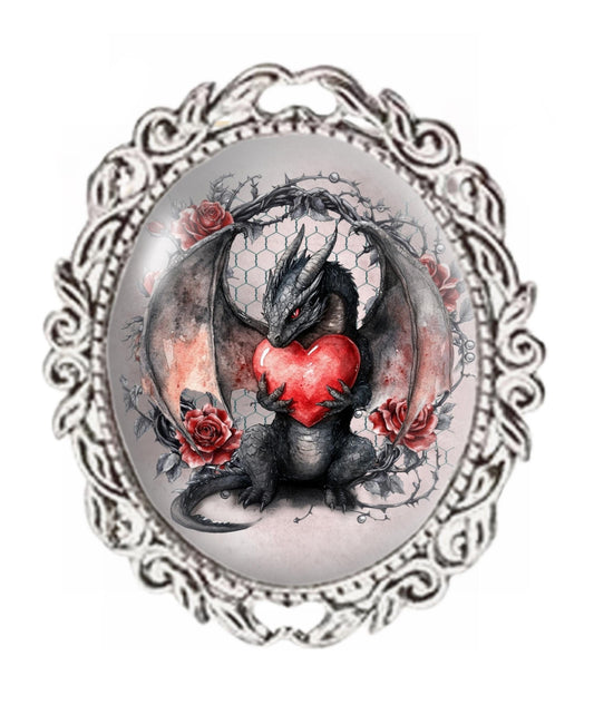 Silver Colour - Oval Glass Cabochon Brooch - Black Dragon & Red Heart