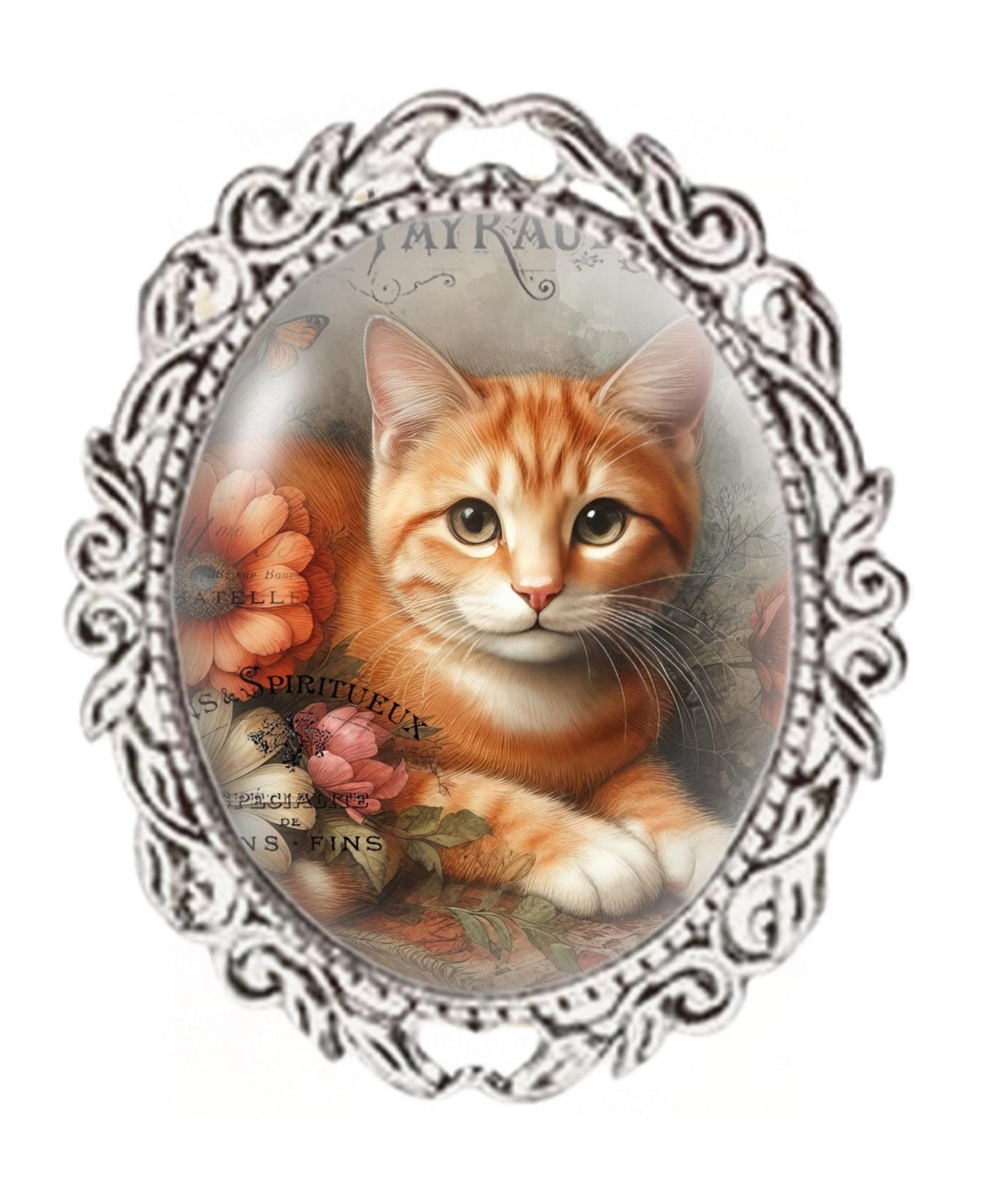 Vintage Ginger Cat Brooch: Oval Glass Cabochon, Silver Colour