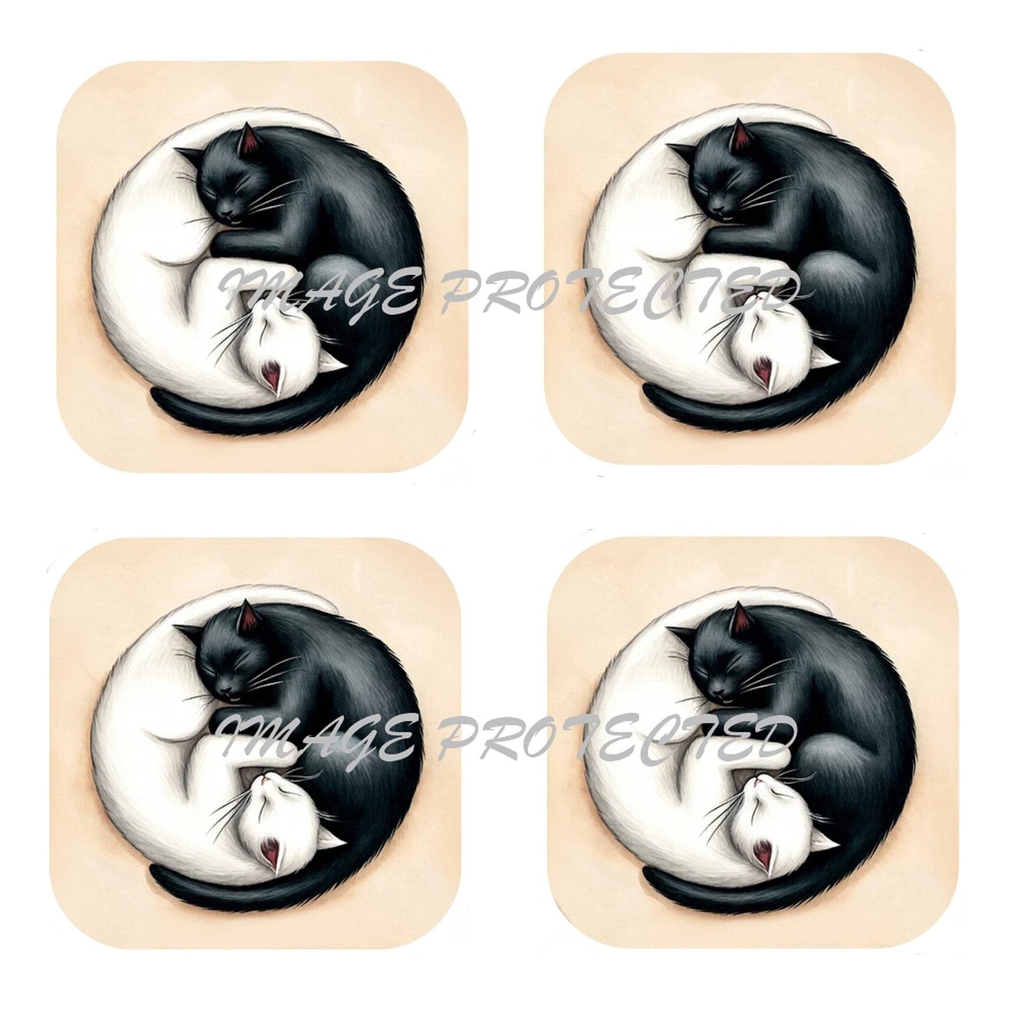 Set Of 4 - Cork Backed Coasters - Yin Yang Cats