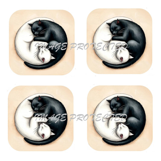 Set Of 4 - Cork Backed Coasters - Yin Yang Cats