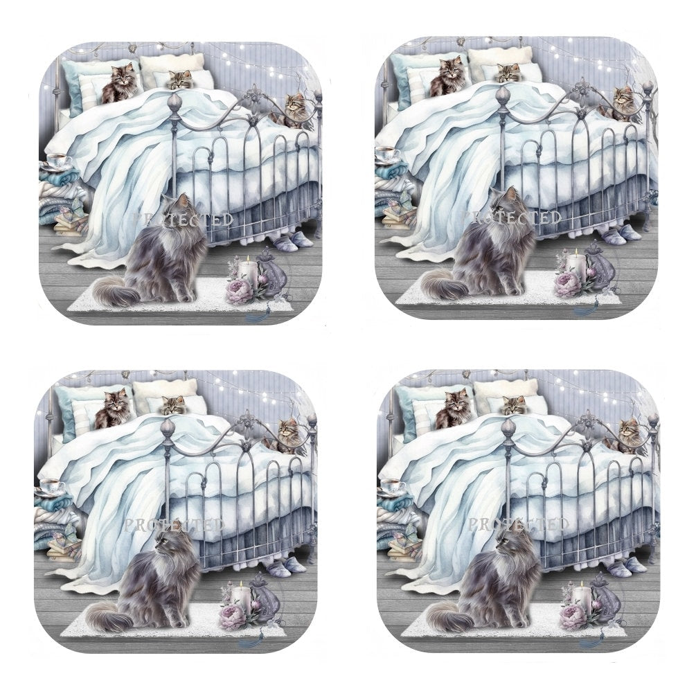 Set Of 4 - Cat Coasters - Cork Backed Coasters - Bedtime Cats & Kittens