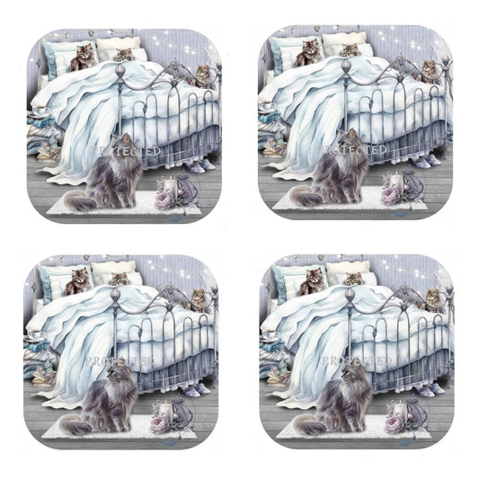 Set Of 4 - Cat Coasters - Cork Backed Coasters - Bedtime Cats & Kittens