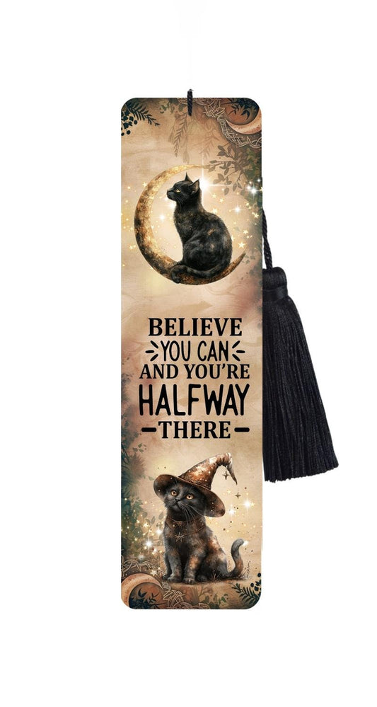 Large Metal Bookmark With Tassel -Cat Bookmark - Believe You Can and You're Halfway There