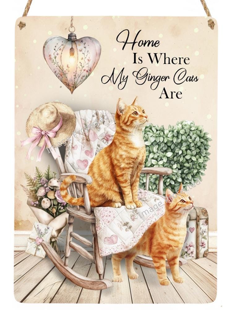 Ginger Cat Metal Sign: Shabby Chic Cottage Decor (20cm x 15cm)