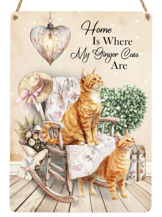Ginger Cat Metal Sign: Shabby Chic Cottage Decor (20cm x 15cm)