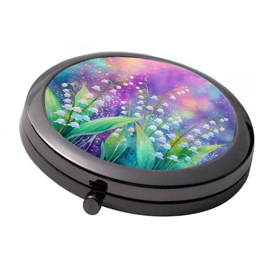 Floral Mirror - Smoke Black - Large Double Compact Mirror - Lily of The Valley (lilac shades)