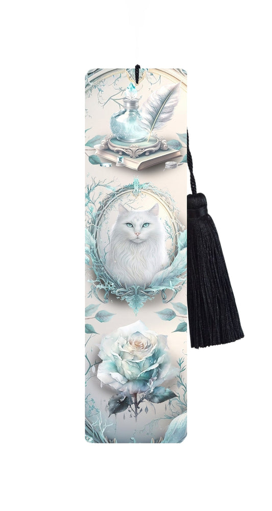 Large Metal Bookmark With Tassel - Cyan Colour & White Cat Bookmark - Arora