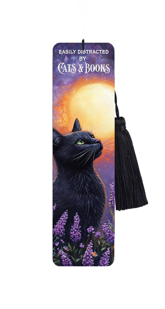 Purple Lavender Black Cat Metal Bookmark with Tassel: Funny Reader Gift