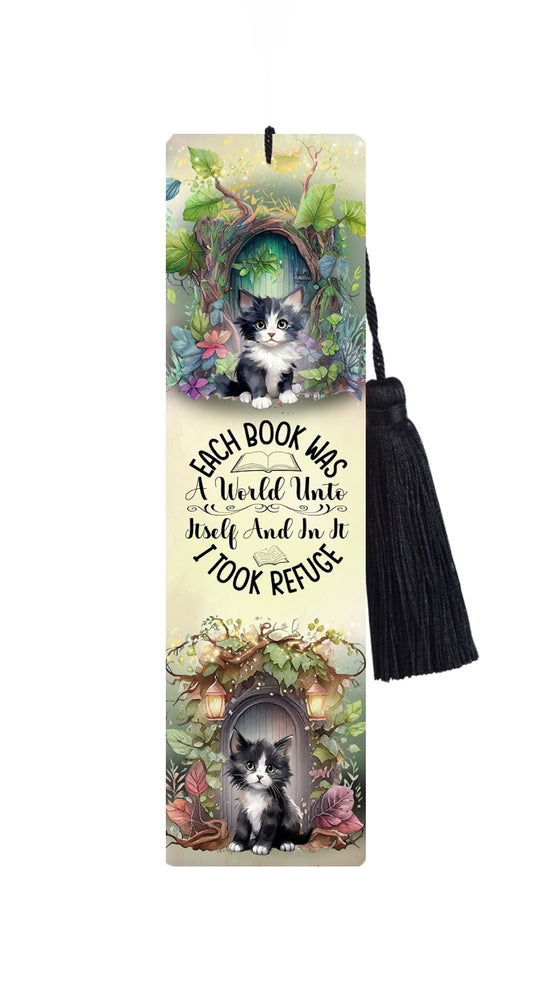 Large Metal Bookmark With Tassel - Black & White Kitten - Each book was a refuge quote