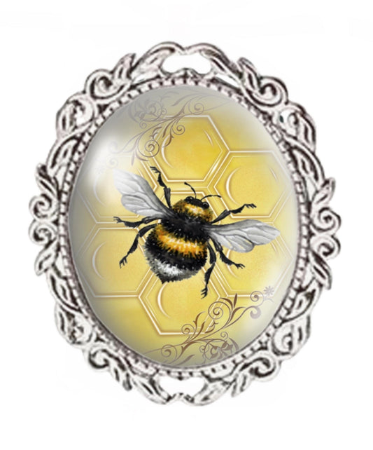 Silver Colour - Oval Glass Cabochon Brooch - Bee Brooch