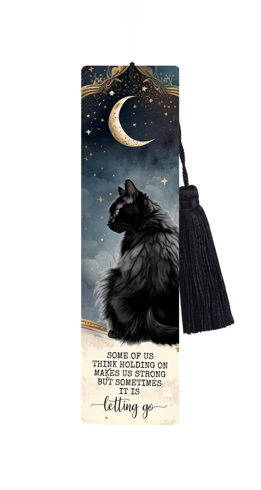 Large Metal Bookmark With Tassel - Black Cat Bookmark - Quote, strong and strength