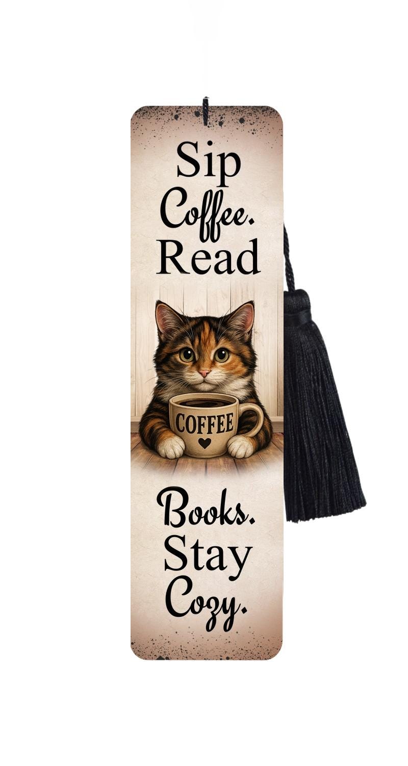 Large Metal Bookmark With Tassel - Cats and Coffee