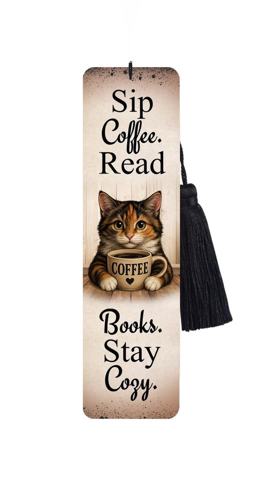 Large Metal Bookmark With Tassel - Cats and Coffee