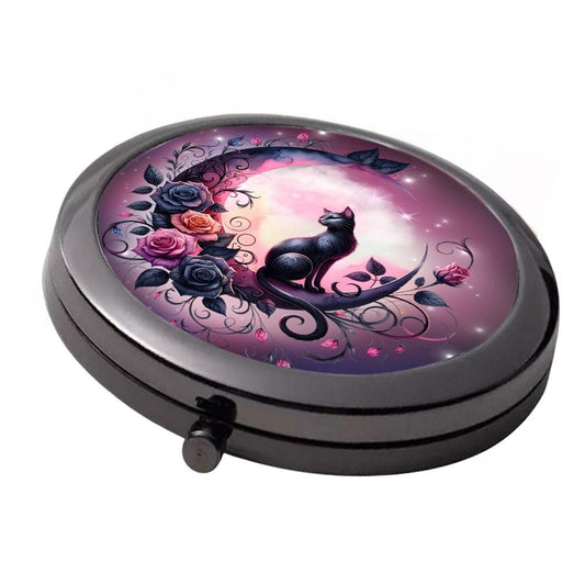 Black Cat, Purple Moon - Smoke Black - Large Double Compact Mirror