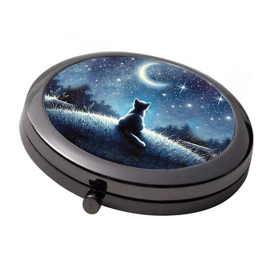 Moongazing Cat Compact Mirror - Smoke Black Double Mirror, 7cm