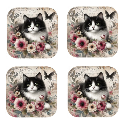 Set Of 4 - Cork Backed Coasters - Vintage Tuxedo Cat