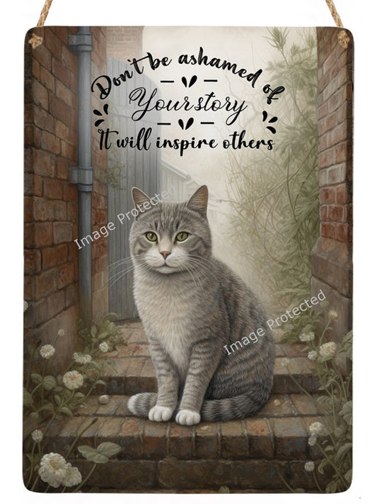 Handmade Tabby Cat Metal Sign: Inspirational Quote Art (20cm x 15cm)