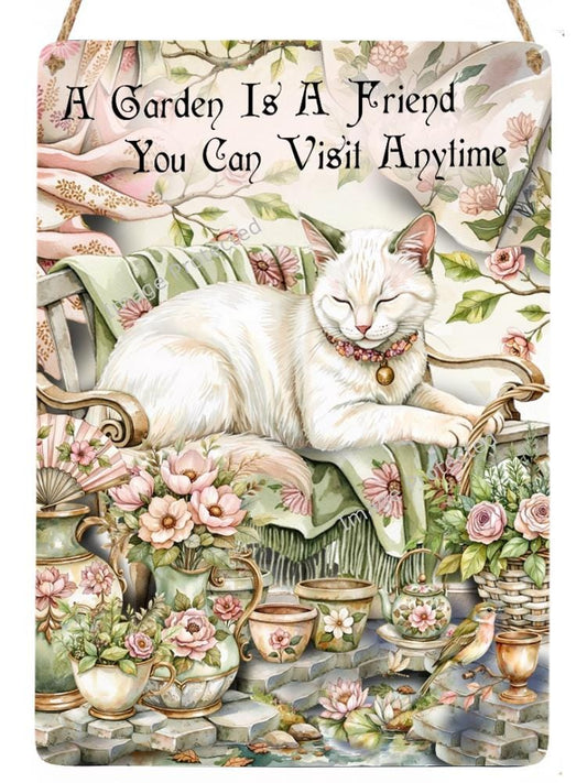 Handmade Garden Cat Metal Sign: Whimsical Home Decor (20cm x 15cm)