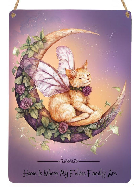 Fairy Cat On Moon Metal Sign - Ginger Cat Home Decor