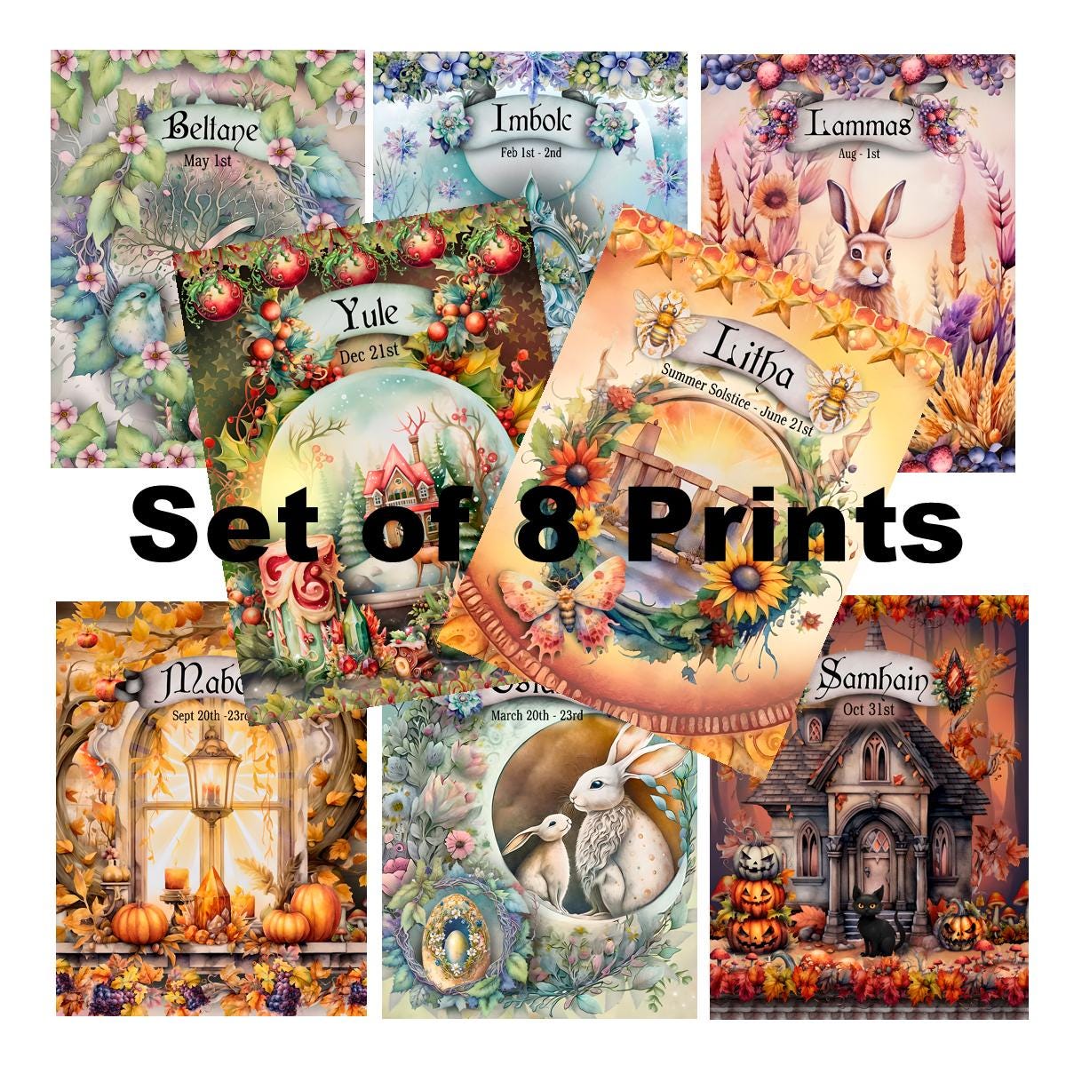 Sabbat Art Prints - Set of 8 Wiccan Calendar Illustrations