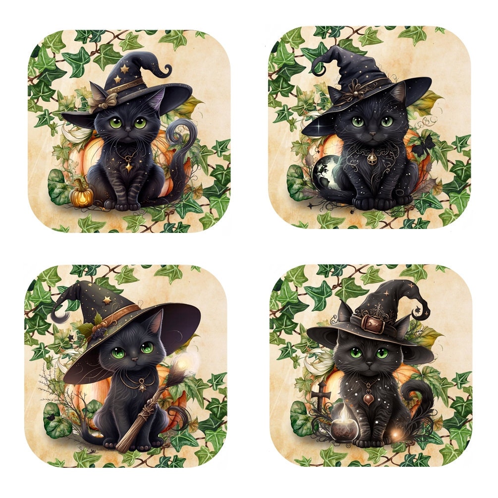 Set Of 4 - Witches Cat in Hats Cork Backed Coasters - Little Witchy Cats