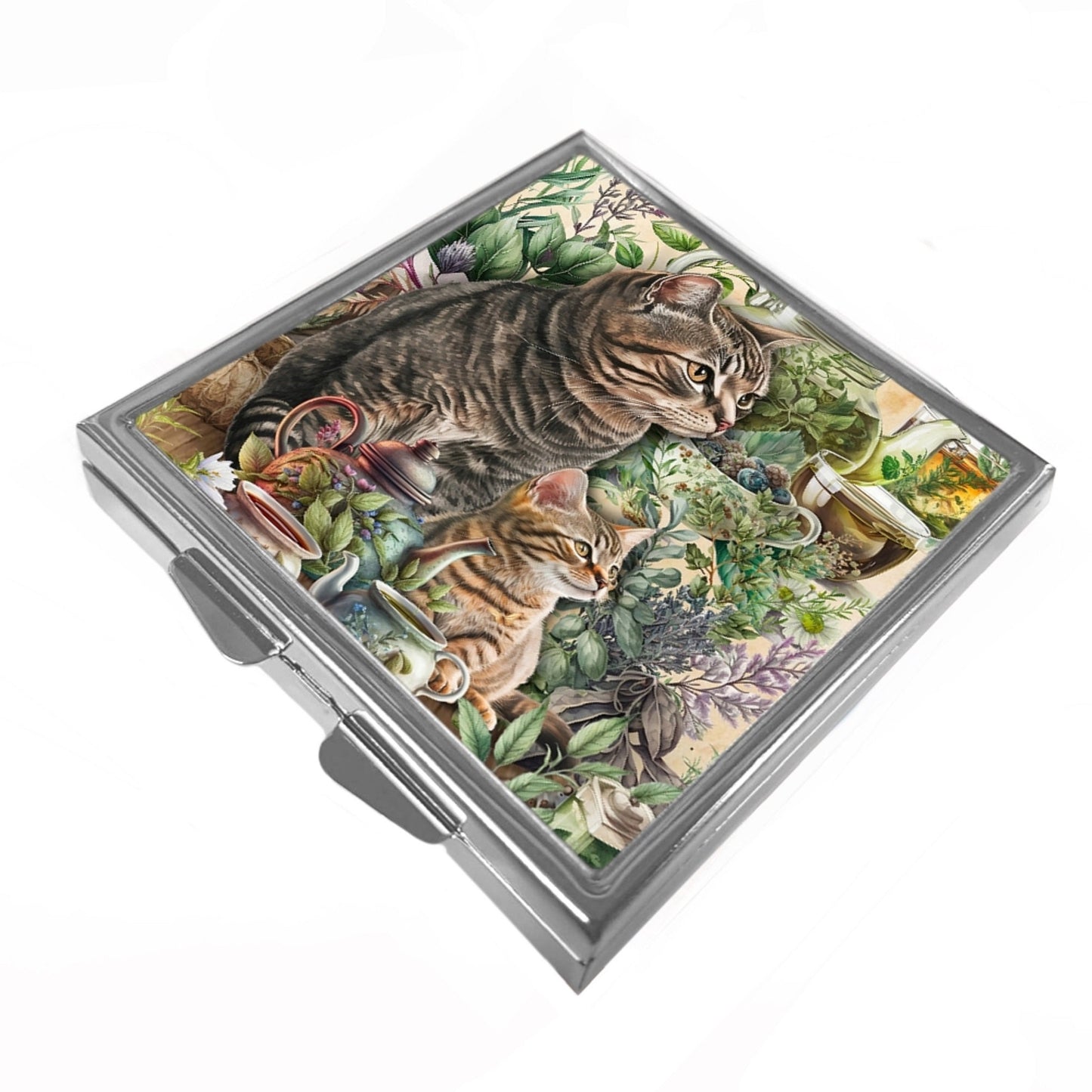 Tabby Cat & Kitten Trinket Box - Handmade Metal Pill Box