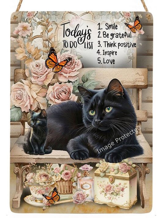 Black Cat Metal Sign: Motivational To-Do List Art