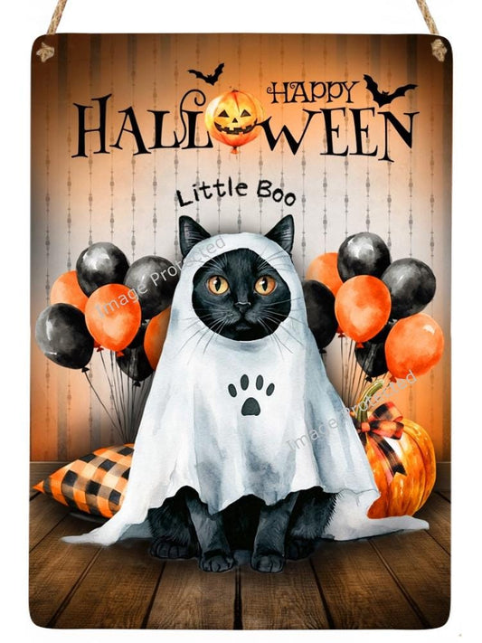 Black Cat Metal Sign: Handmade Halloween Wall Decor (20cm x 15cm)