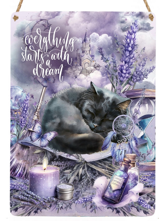 Black Cat Art: Lavender Dream Metal Sign - Motivational Decor