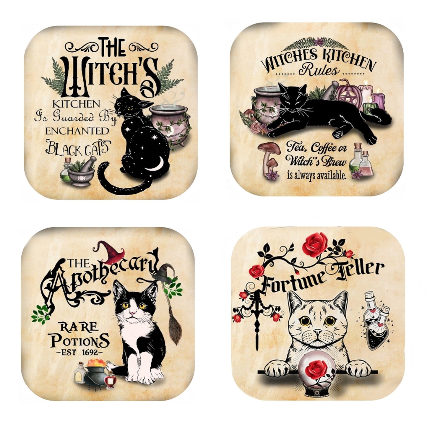 Witches Cats Cork Coasters: Fortune Teller, Apothecary - Set of 4