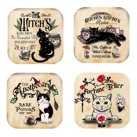 Witches Cats Cork Coasters: Fortune Teller, Apothecary - Set of 4