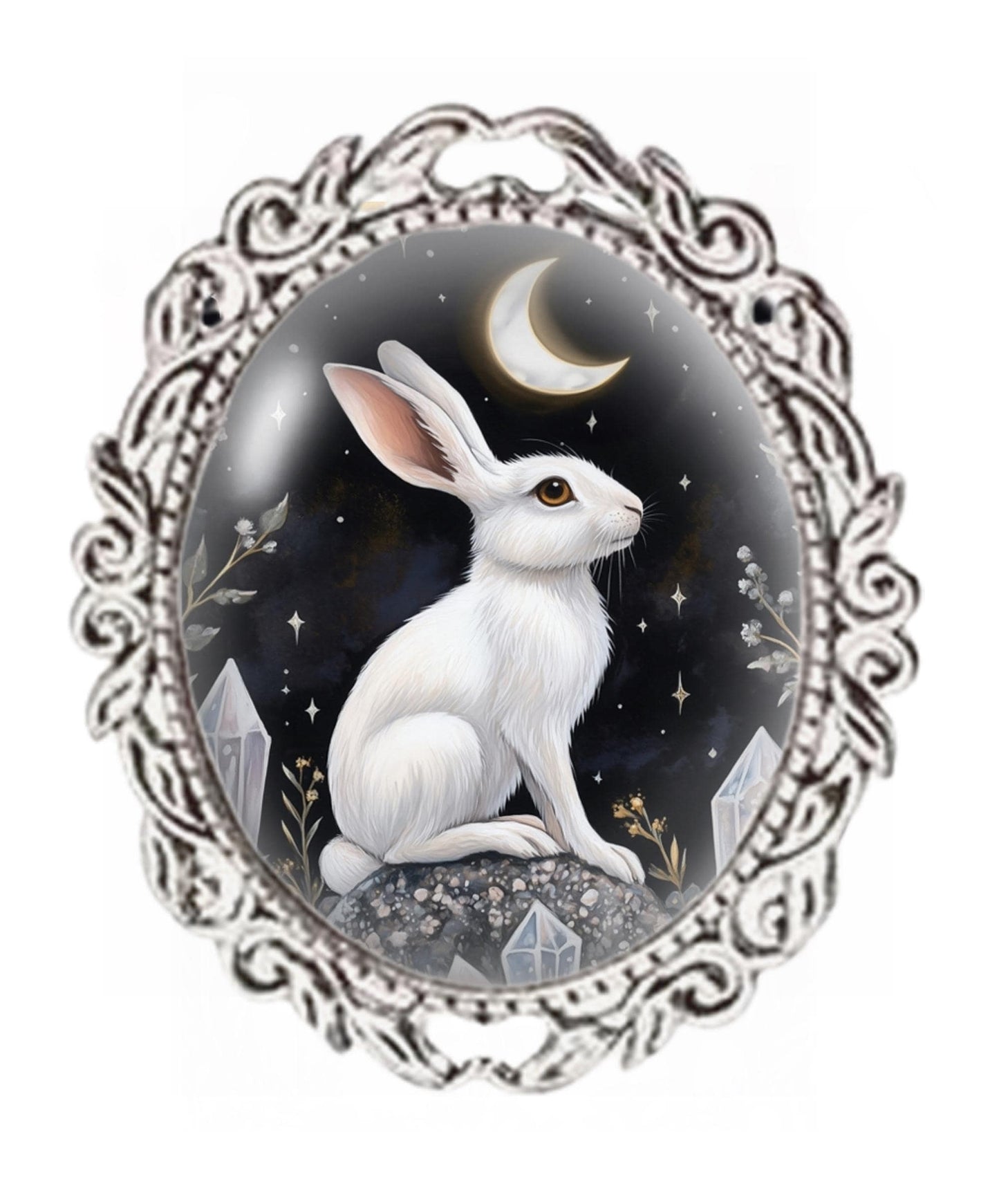 Silver Colour - Oval Glass Cabochon Brooch - White Rabbit & Moon