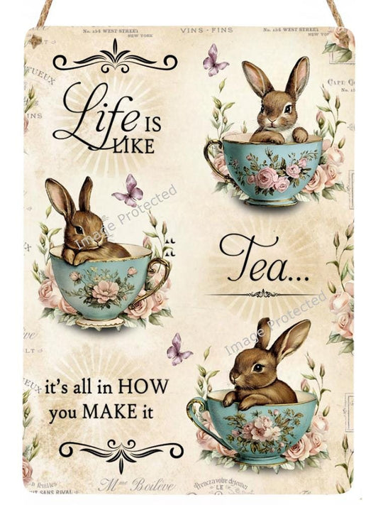 Vintage Hare Metal Sign: Motivational Tea Quote, Handmade