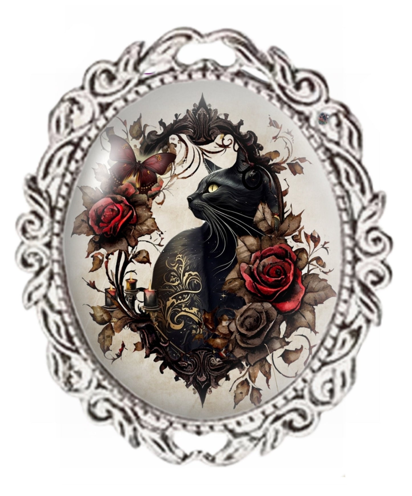 Handmade Black Cat Brooch: Silver Color Oval Glass Cabochon