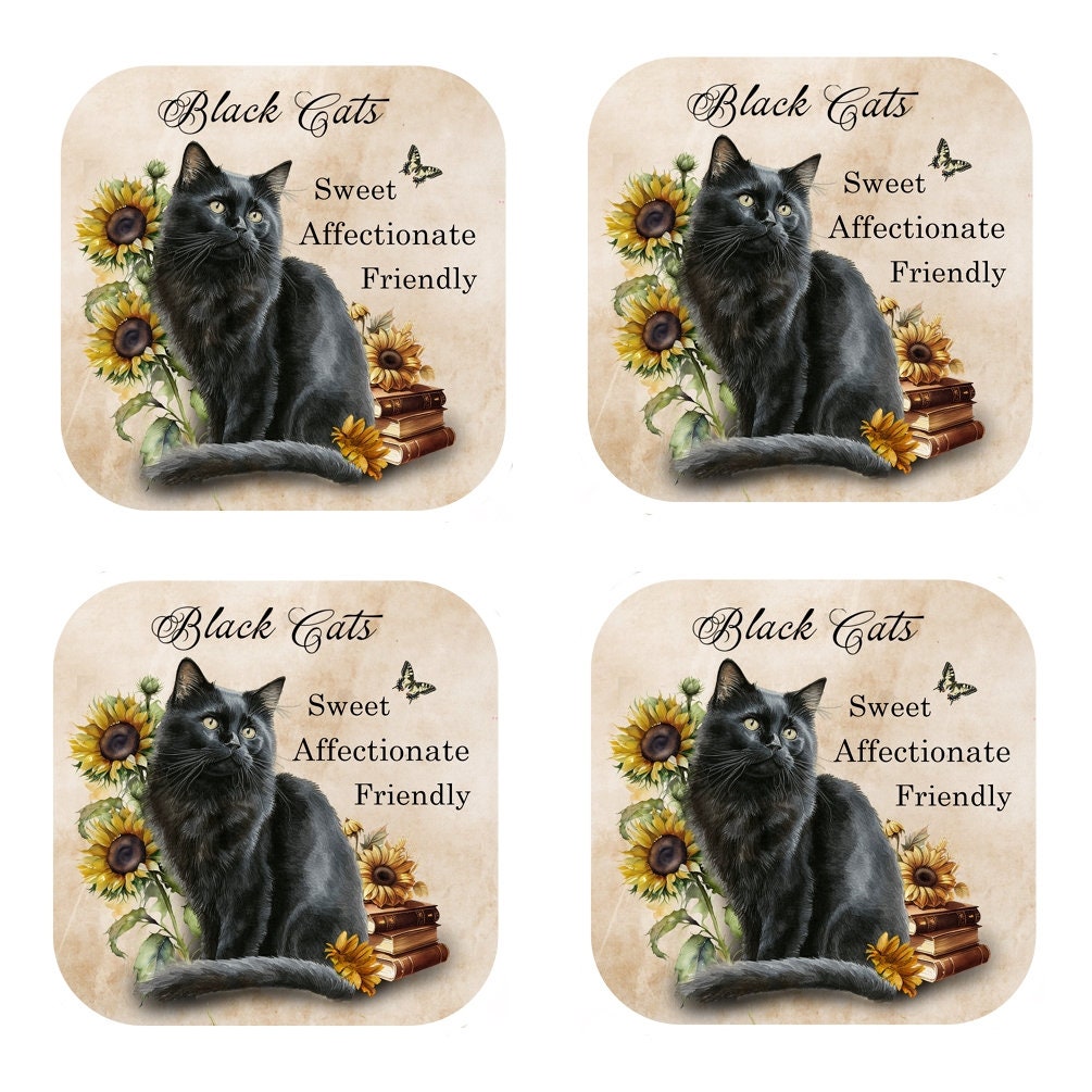 Black Cat Coasters: Cork Backed, Set of 4