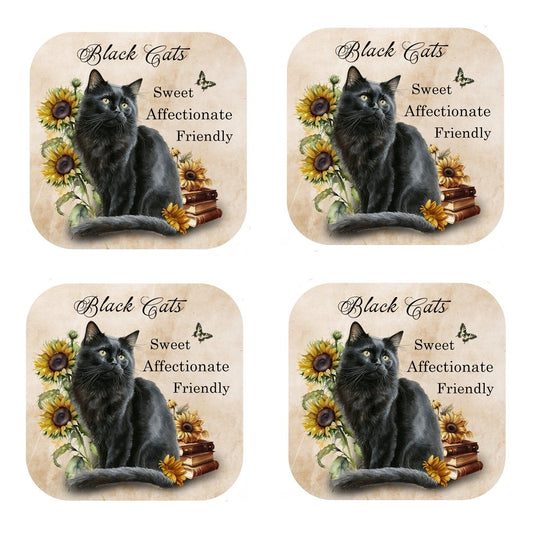 Black Cat Coasters: Cork Backed, Set of 4