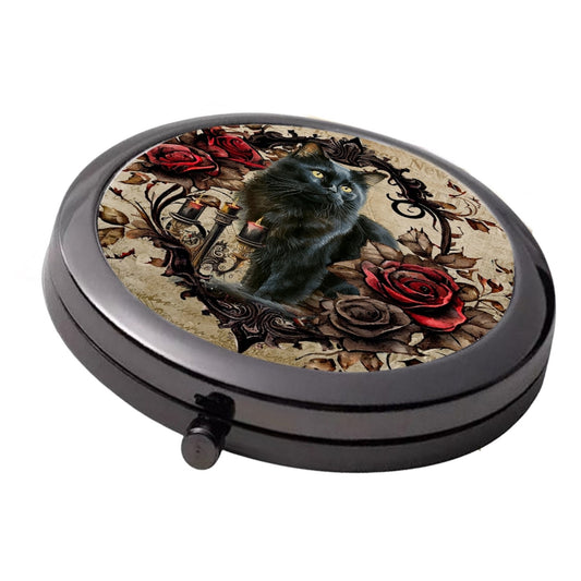 Black Cat in Rose Frame & Candles - Smoke Black - Large Double Compact Mirror