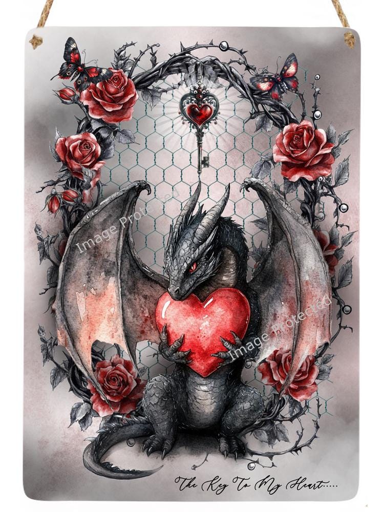 Dragon 'Key To My Heart' Metal Sign - Gothic Home Decor