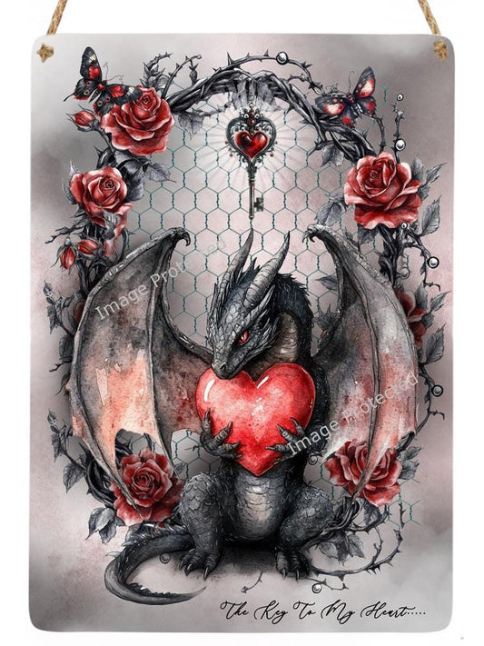 Dragon 'Key To My Heart' Metal Sign - Gothic Home Decor